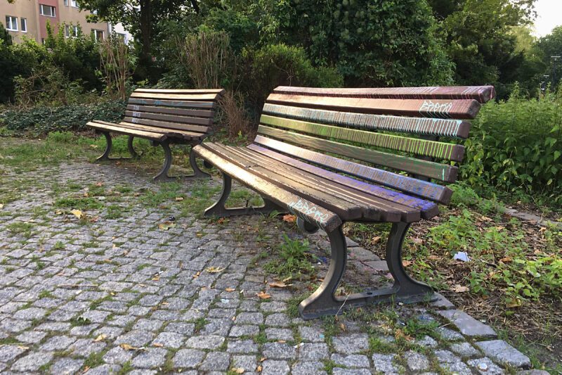 Rainbow colored park bench, Berlin